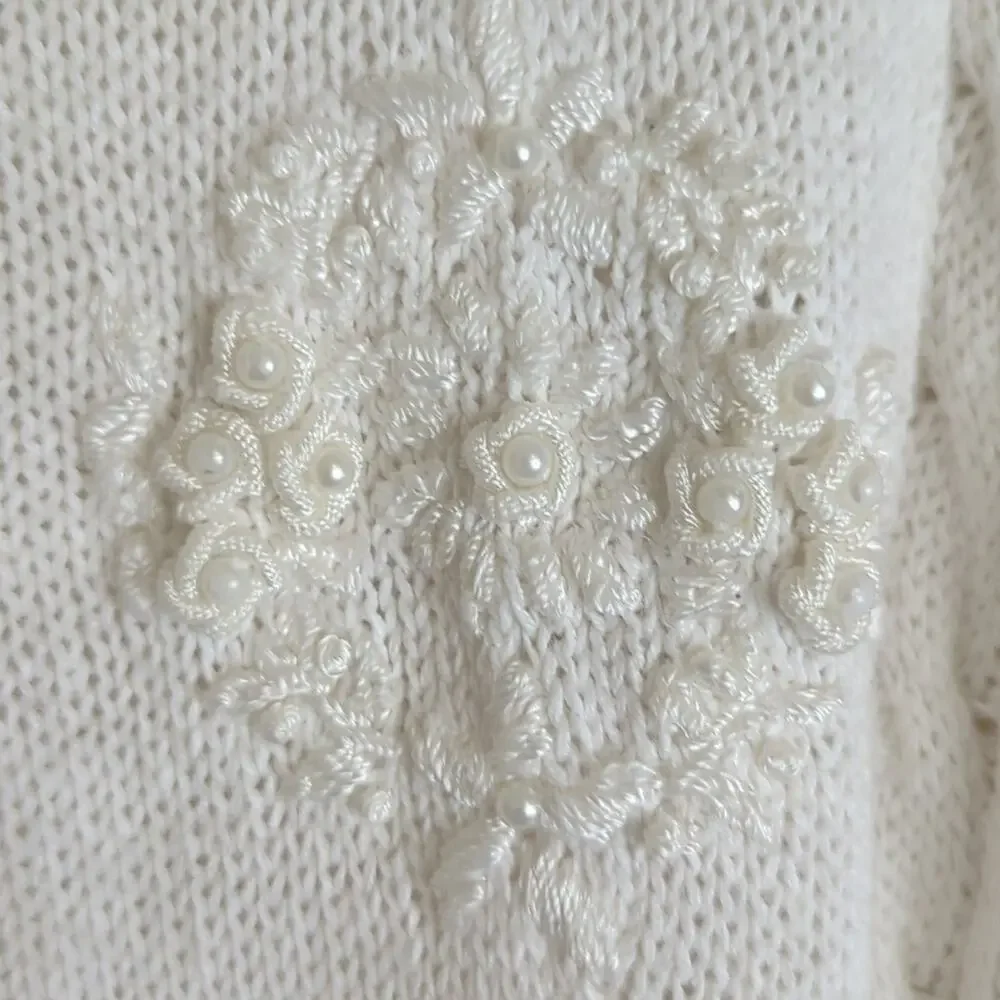 Vintage Cottagecore Cable Knit Embroidered Sweater Women's Oversized Large